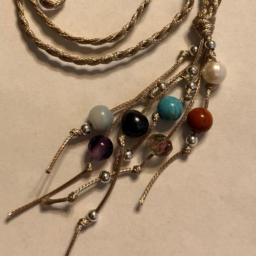 ARTISAN Gemstones and Pearls Braided Tan Cord Tassel Necklace 23 1/2” long